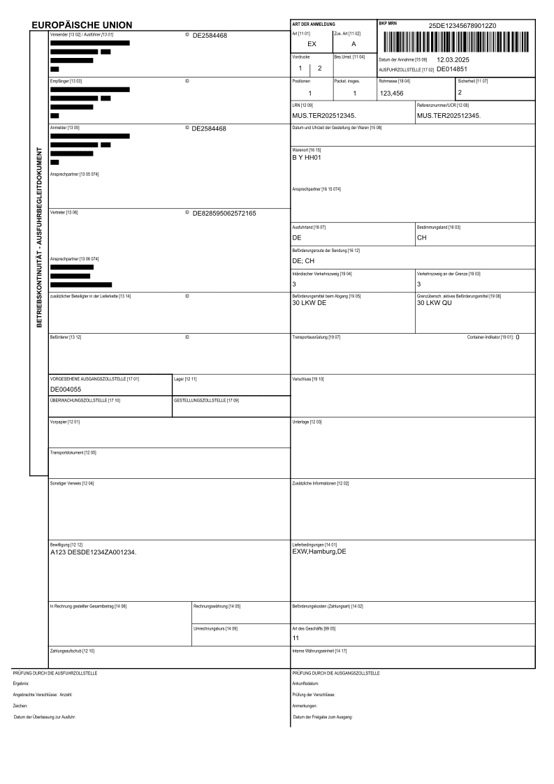 Beispiel eines fertigen Ausfuhrbegleitdokuments